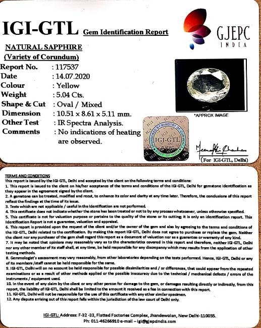 5.04/CT Natural Yellow Sapphire With Govt Lab Certificate-YELSA9V