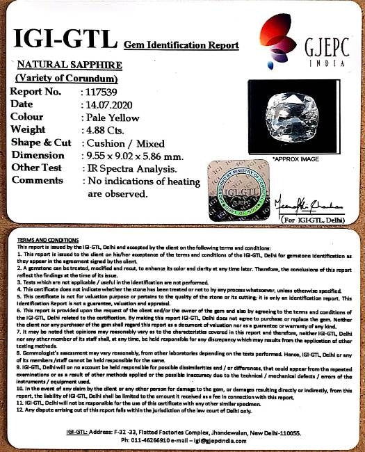 4.88/CT Natural Yellow Sapphire With Govt Lab Certificate-(YELSA9V)