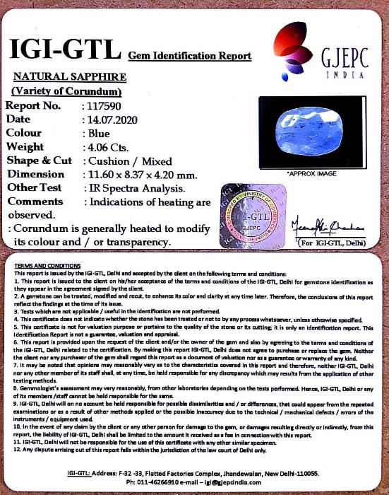 4.06/CT Natural Blue Sapphire with Govt Lab Certificate (4551)
