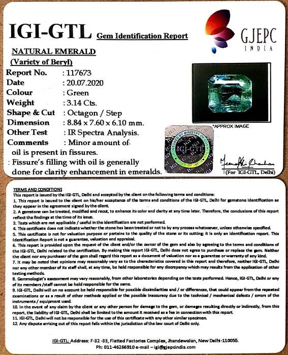 3.14/CT Natural Emerald Stone with Govt. Lab Certificate (12210)