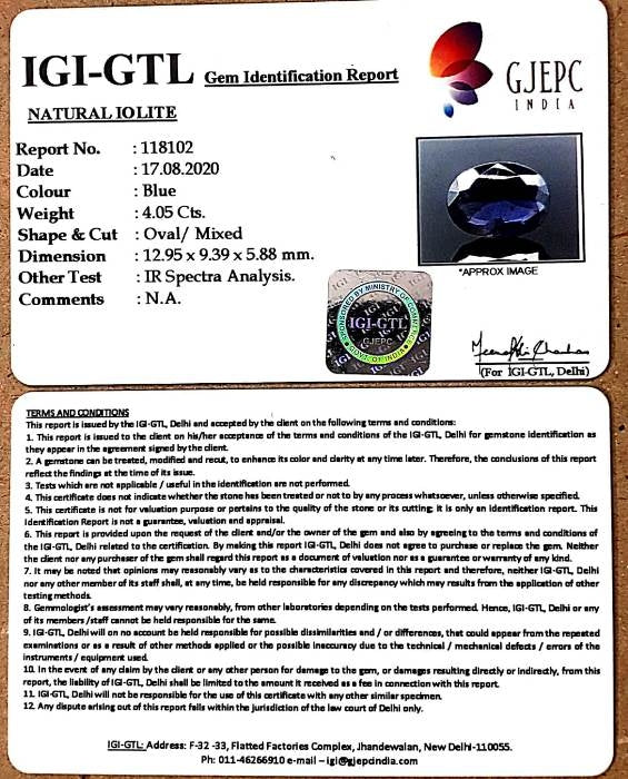 4.05/CT Natural Iolite With Govt. Lab Certificate-(2331)
