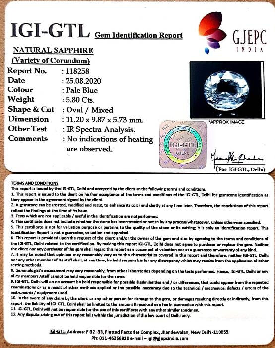5.80/CT Natural Blue Sapphire with Govt Lab Certificate-BLUSA9W