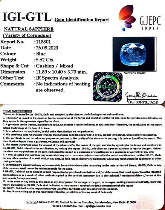 5.52/CT Natural Blue Sapphire with Govt Lab Certificate-BLUSA9U