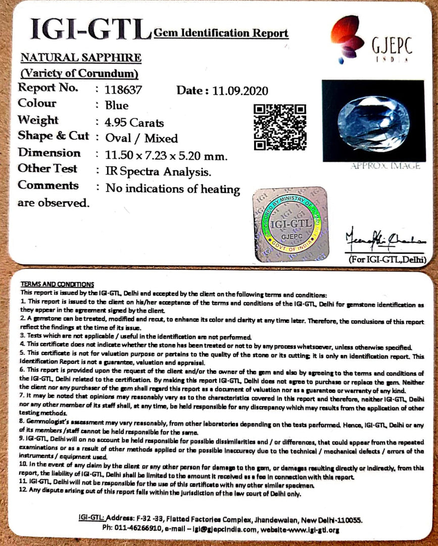 4.95/CT Natural Blue Sapphire with Govt Lab Certificate-BLUSA9U