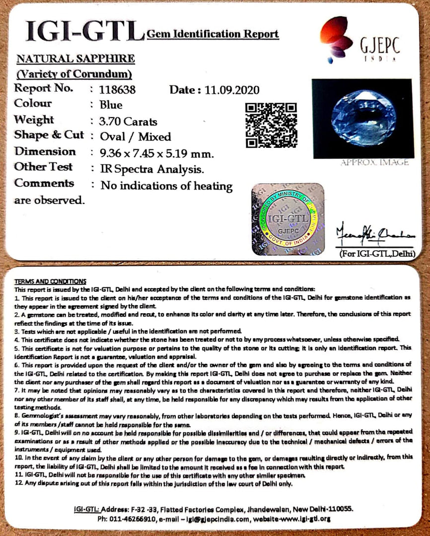 3.70/CT Natural Blue Sapphire with Govt Lab Certificate-BLUSA9V