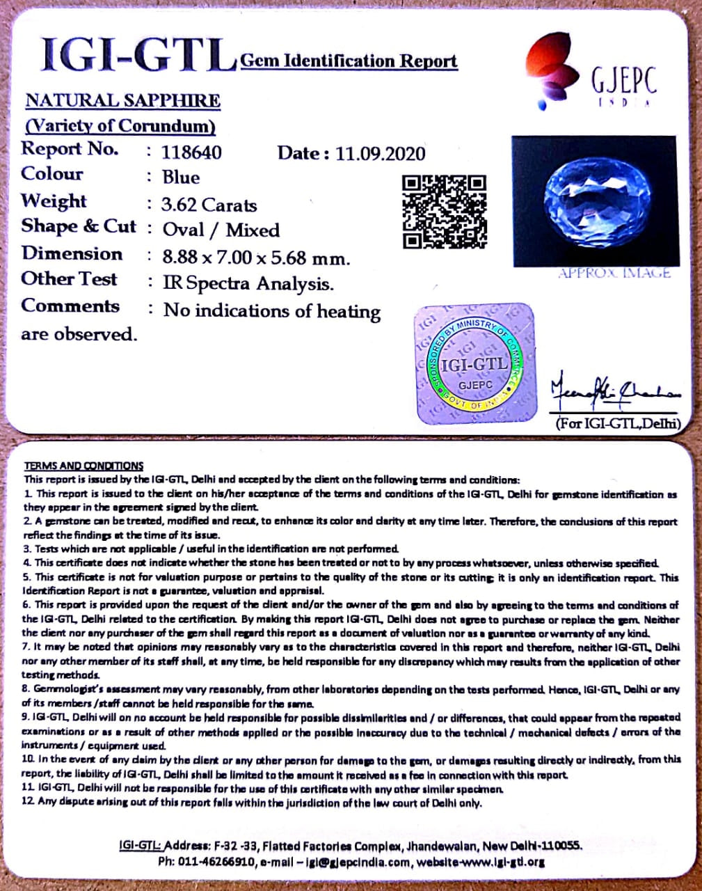 3.62/CT Natural Blue Sapphire with Govt Lab Certificate-BLUSA9V