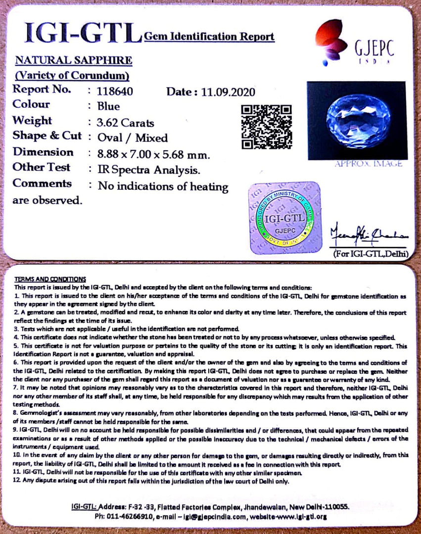3.62/CT Natural Blue Sapphire with Govt Lab Certificate-BLUSA9V
