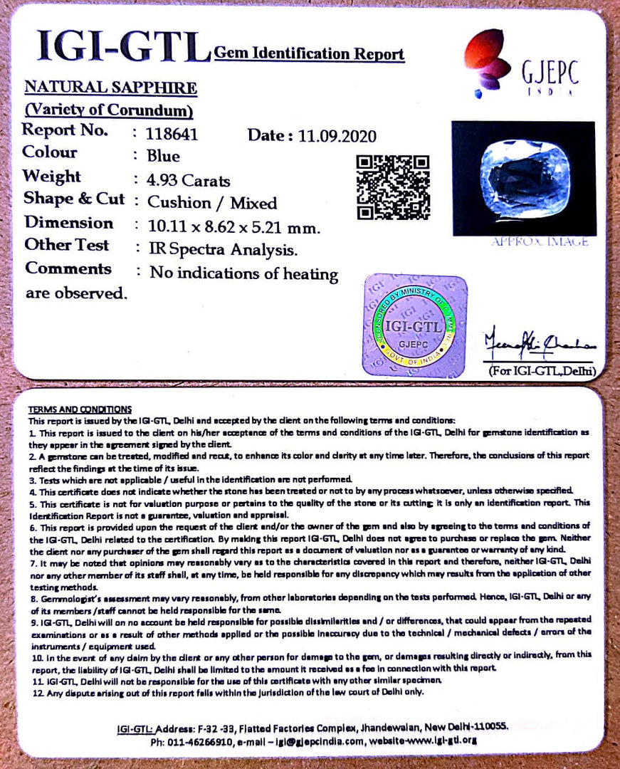 4.93/CT Natural Blue Sapphire with Govt Lab Certificate-BLUSA9V