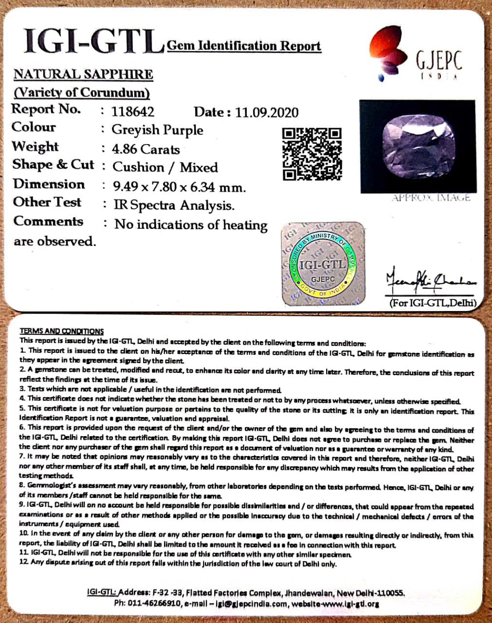 4.86/CT Natural Purple Sapphire with Govt Lab Certificate-BLUSA9V