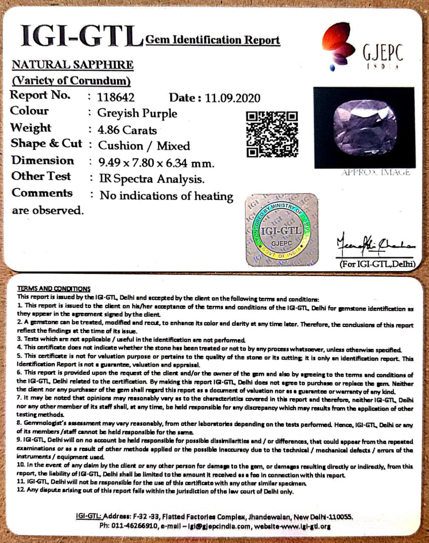 4.86/CT Natural Purple Sapphire with Govt Lab Certificate-BLUSA9V