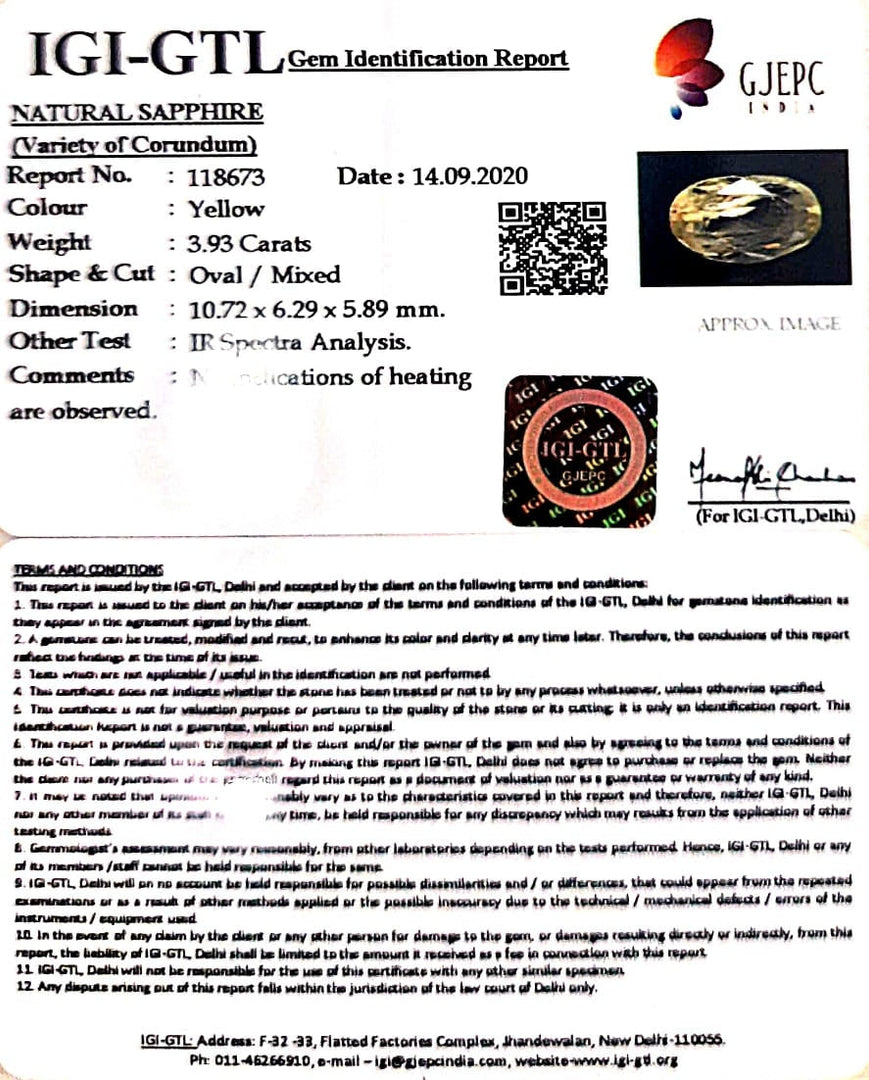 3.93/CT Natural Ceylonese Pukhraj Stone with Govt Lab Certificate-YELSA9U