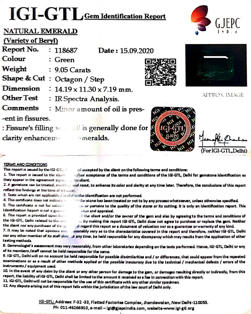 9.05/CT Natural Panna Stone with Govt. Lab Certificate (89910)
