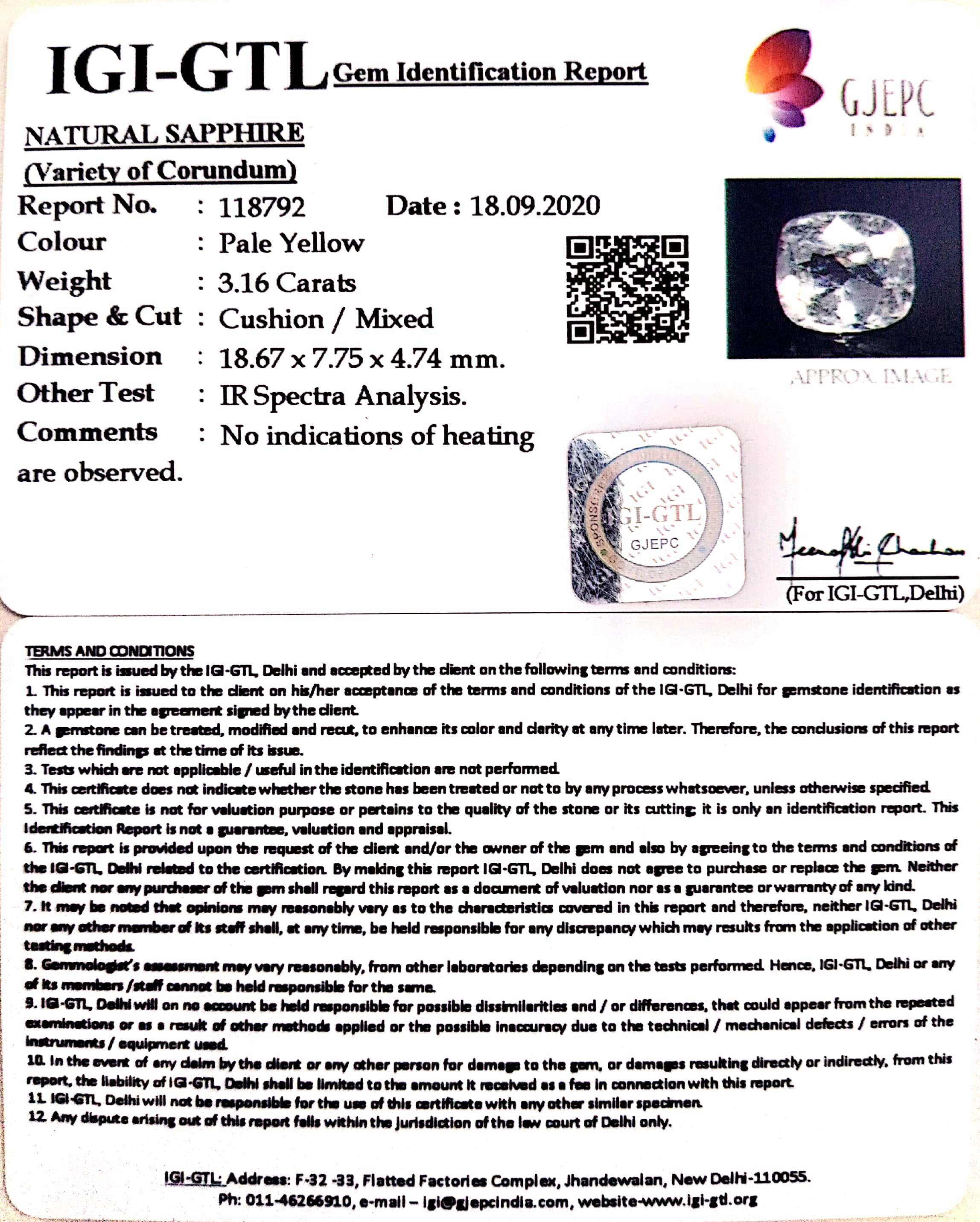 3.16/CT Natural yellow sapphire with Govt Lab Certificate-YELSA9V