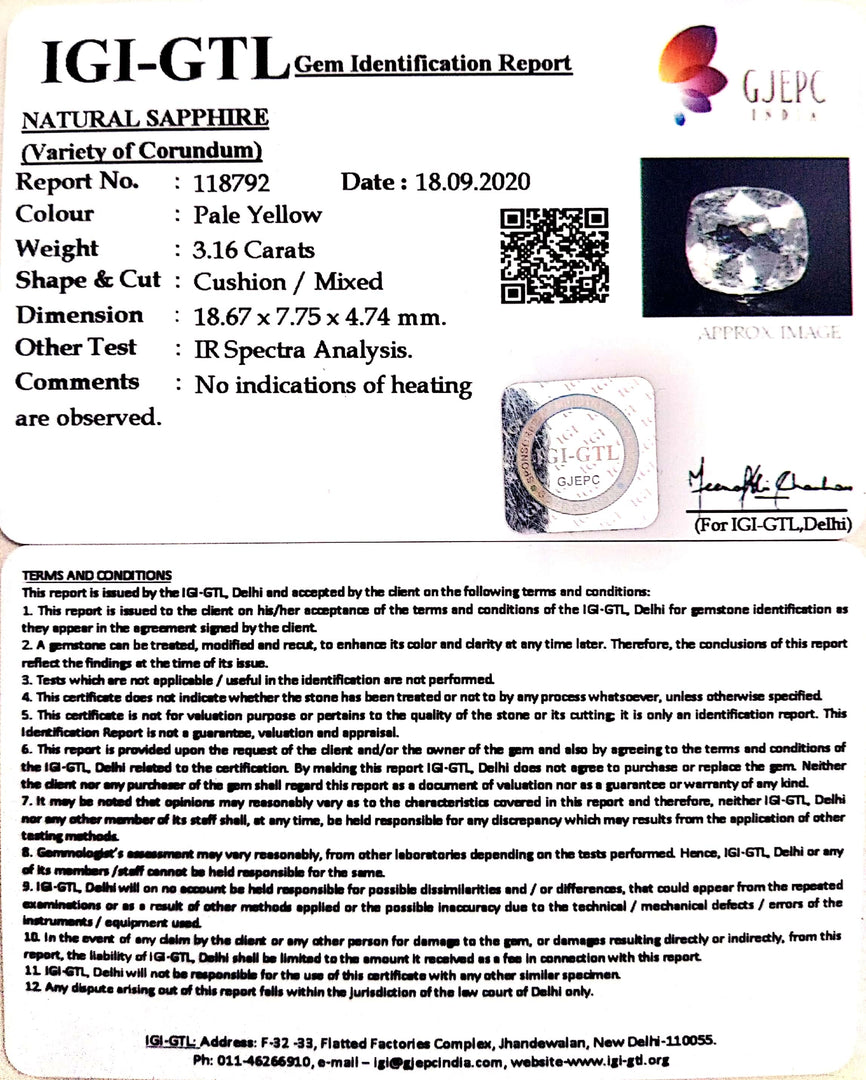 3.16/CT Natural yellow sapphire with Govt Lab Certificate-YELSA9V