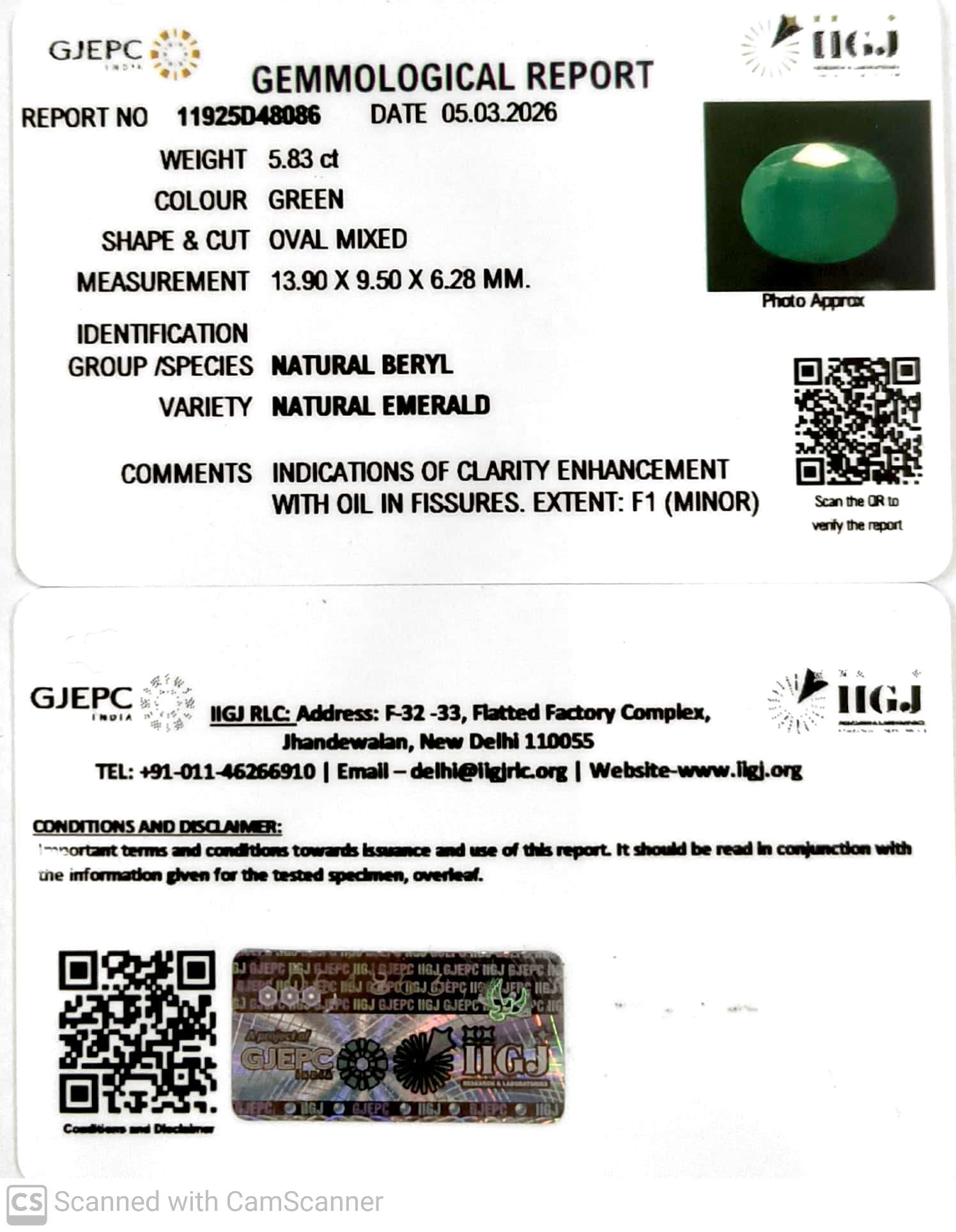 5.83/CT Natural Panna Stone with Govt. Lab Certificate-11925D48086