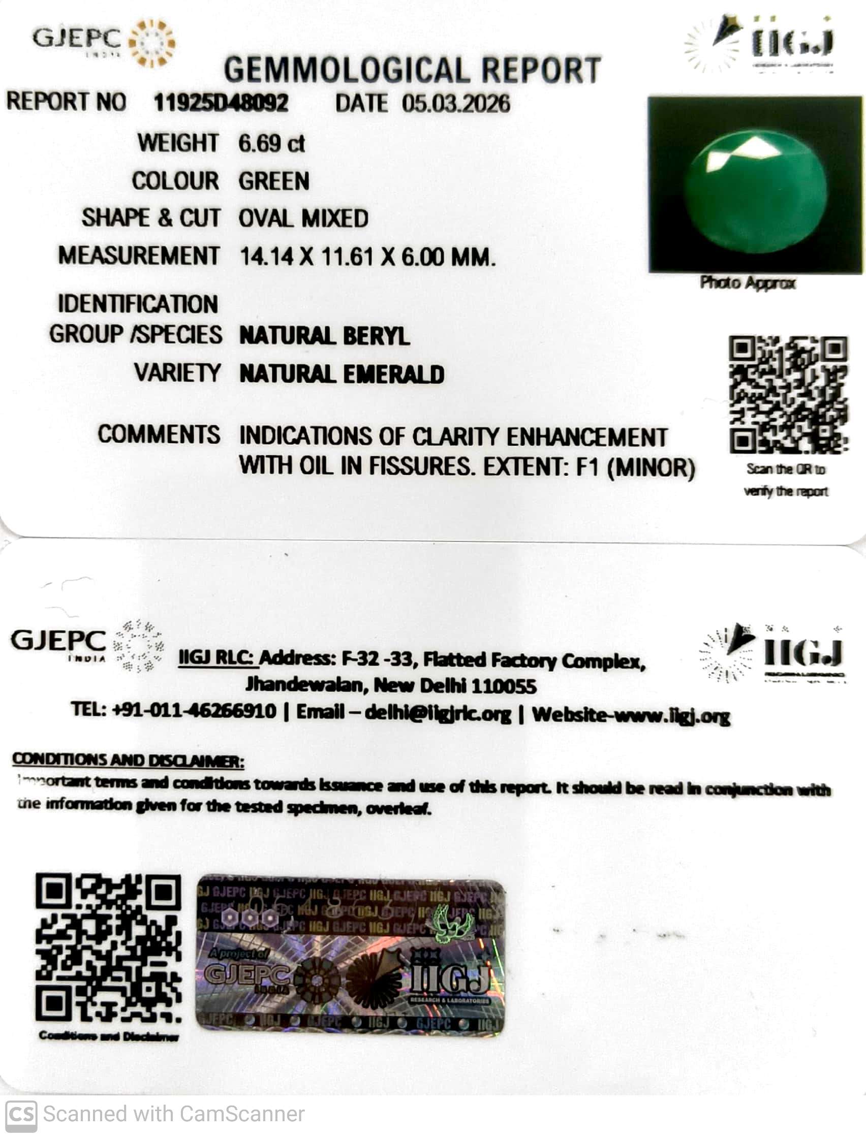 6.69/CT Natural Panna Stone with Govt. Lab Certificate-11925D48092