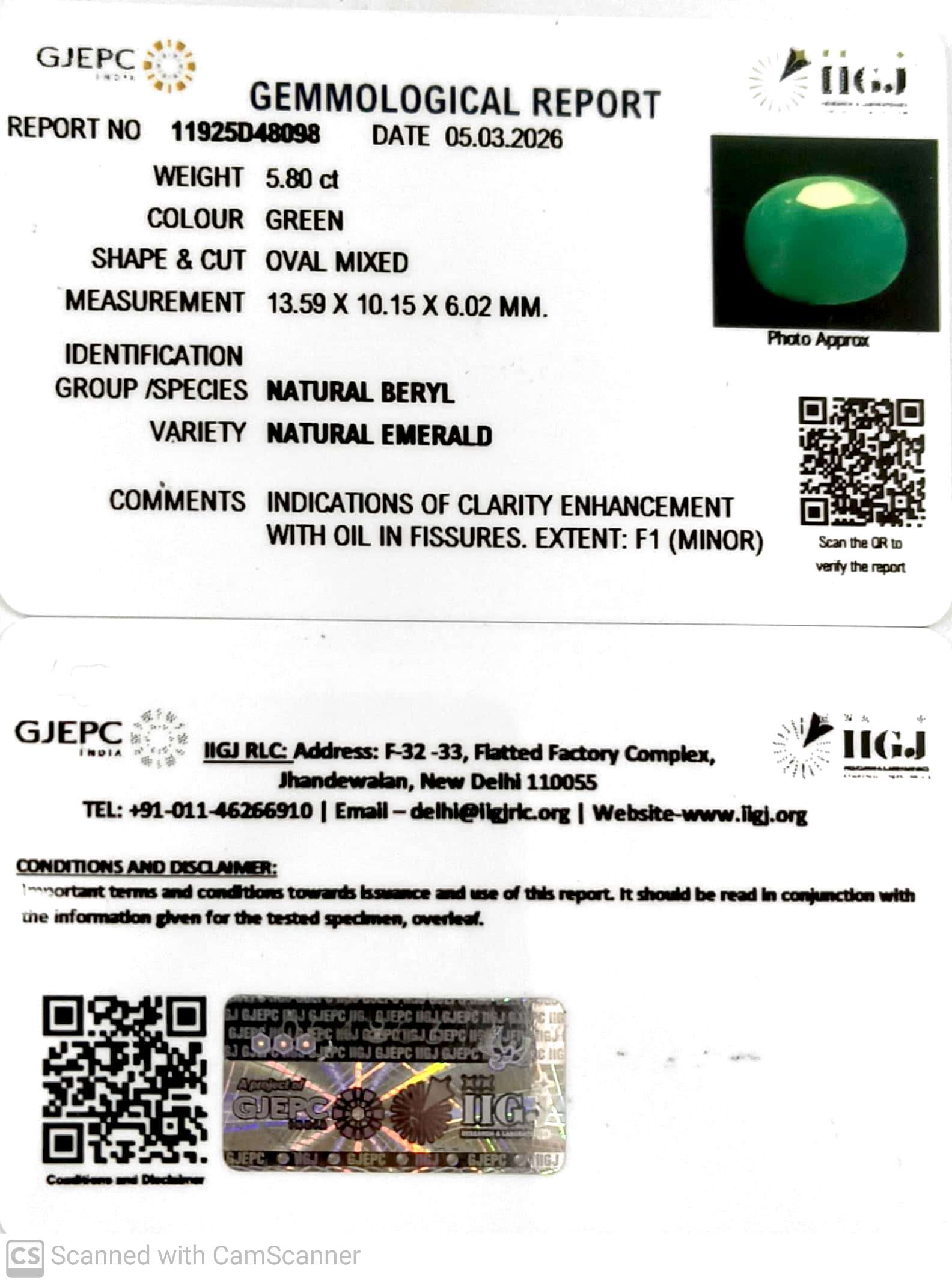 5.8/CT Natural Panna Stone with Govt. Lab Certificate-11925D48098