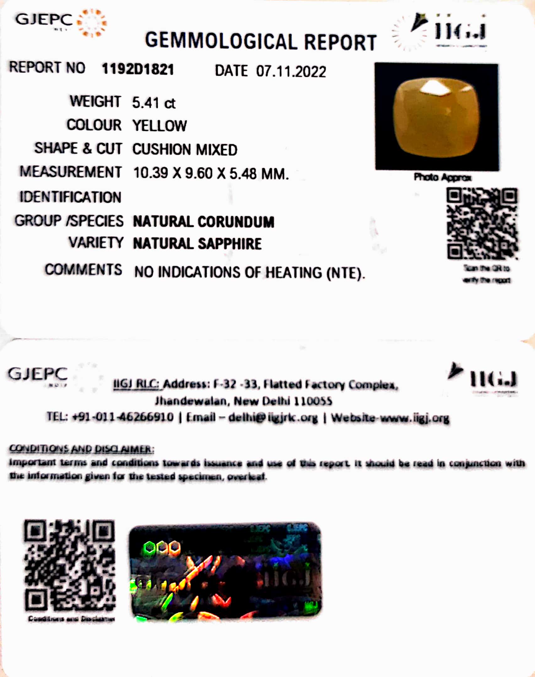 5.41/CT Natural Yellow Sapphire Stone With Govt. Lab Certificate