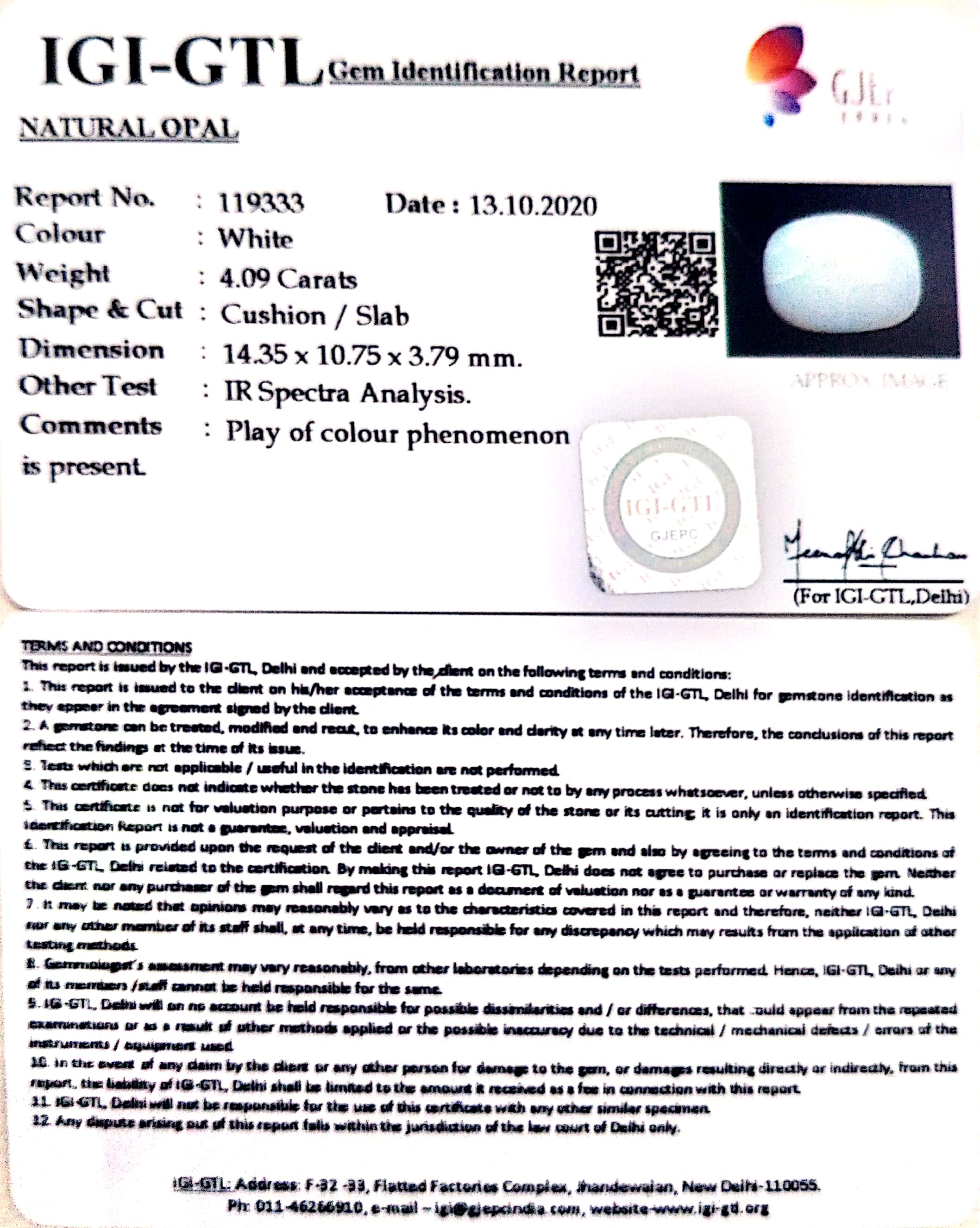 4.09/CT Natural Opal with Govt. Lab Certificate (4551)