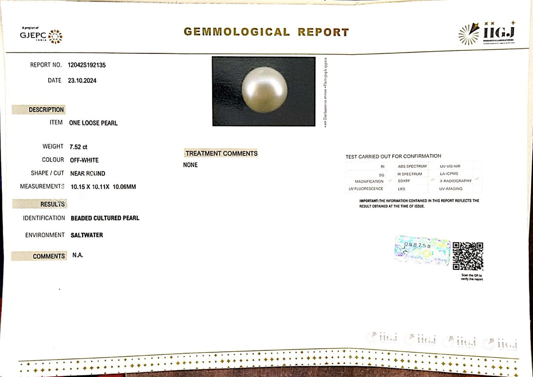 7.52/CT Natural South Sea Pearl with Govt. Lab Certificate-1550