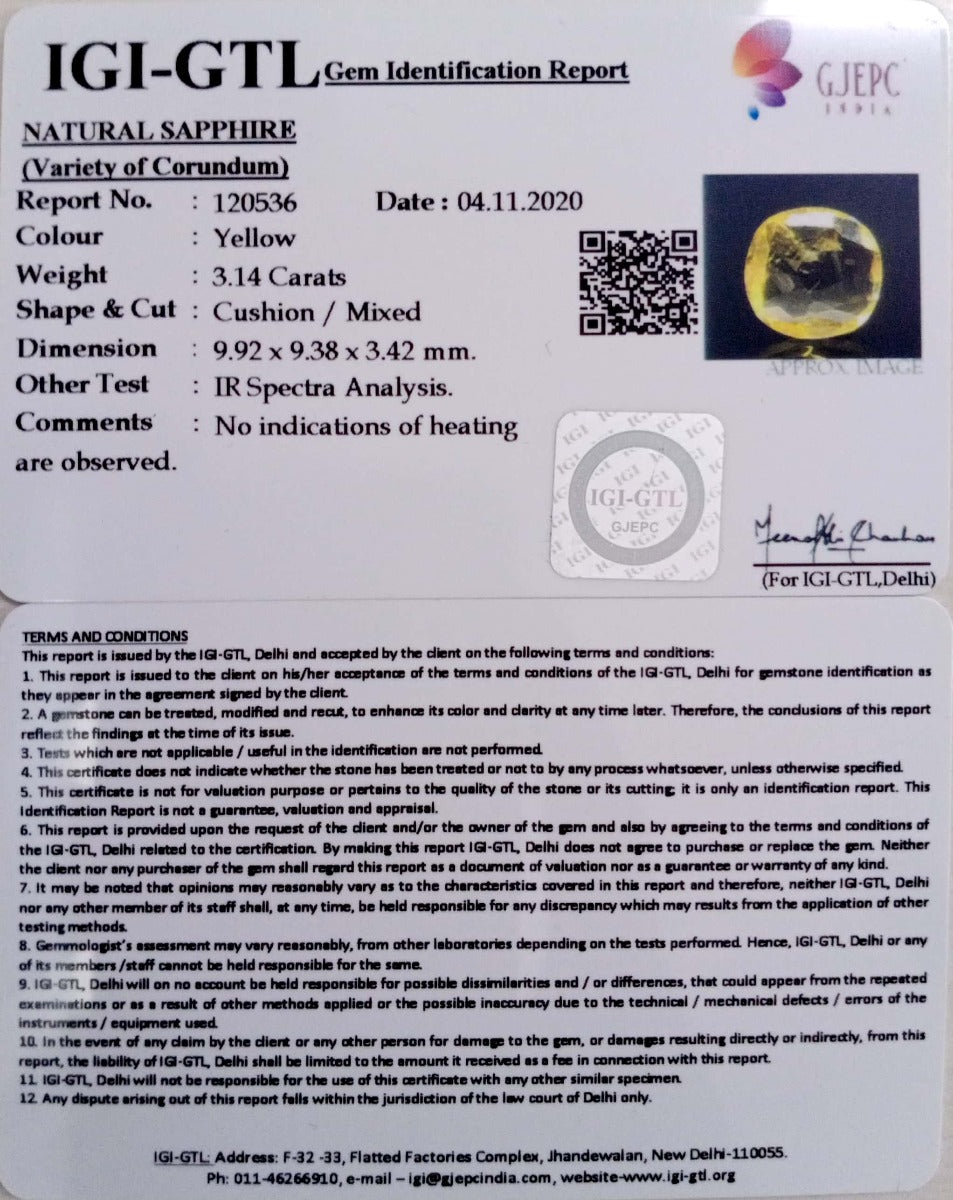 3.14/CT Natural yellow sapphire with Govt Lab Certificate-(YELSA9W)