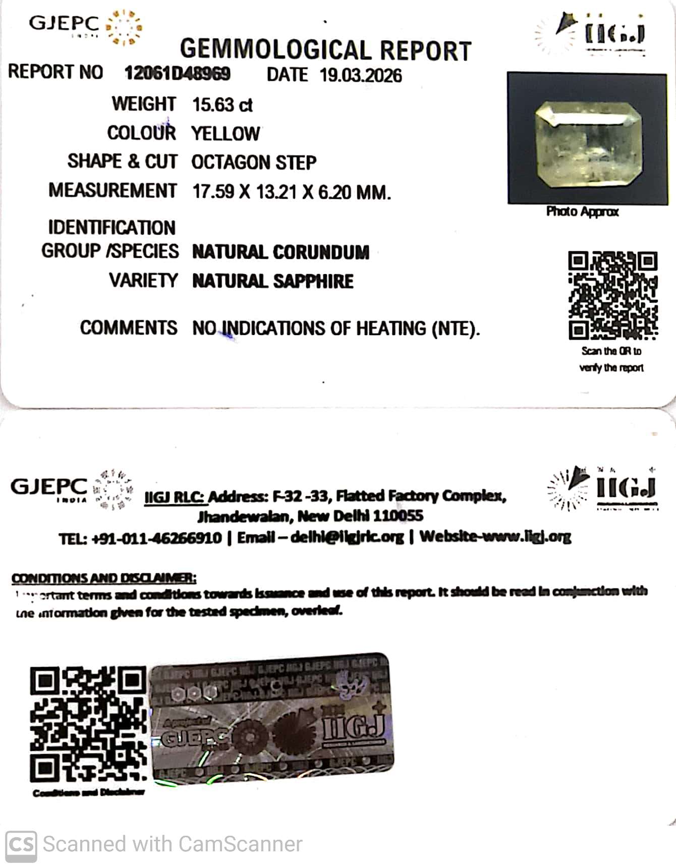 15.63/CT Natural Yellow Sapphire With Govt Lab Certificate-12061D48969