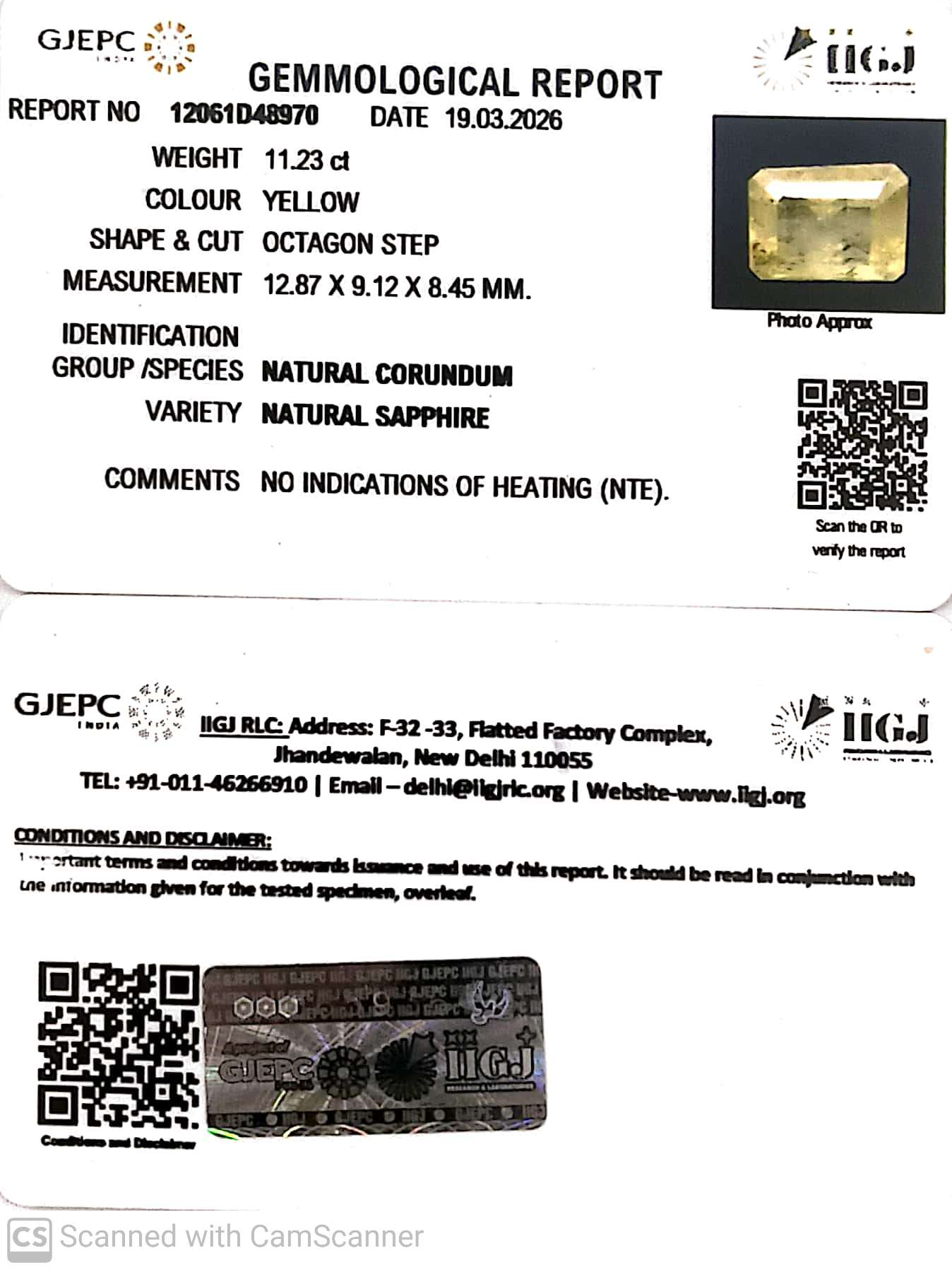 11.23/CT Natural Yellow Sapphire With Govt Lab Certificate-12061D48970