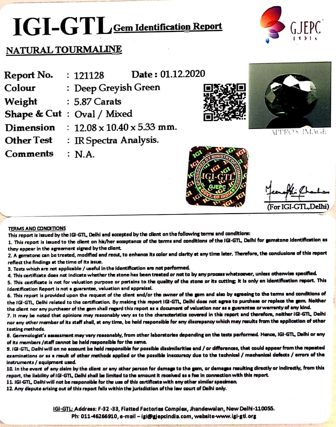 6.51 Ratti Natural Tourmaline Deep Greyish Green With Govt. Lab Certificate-(1221)