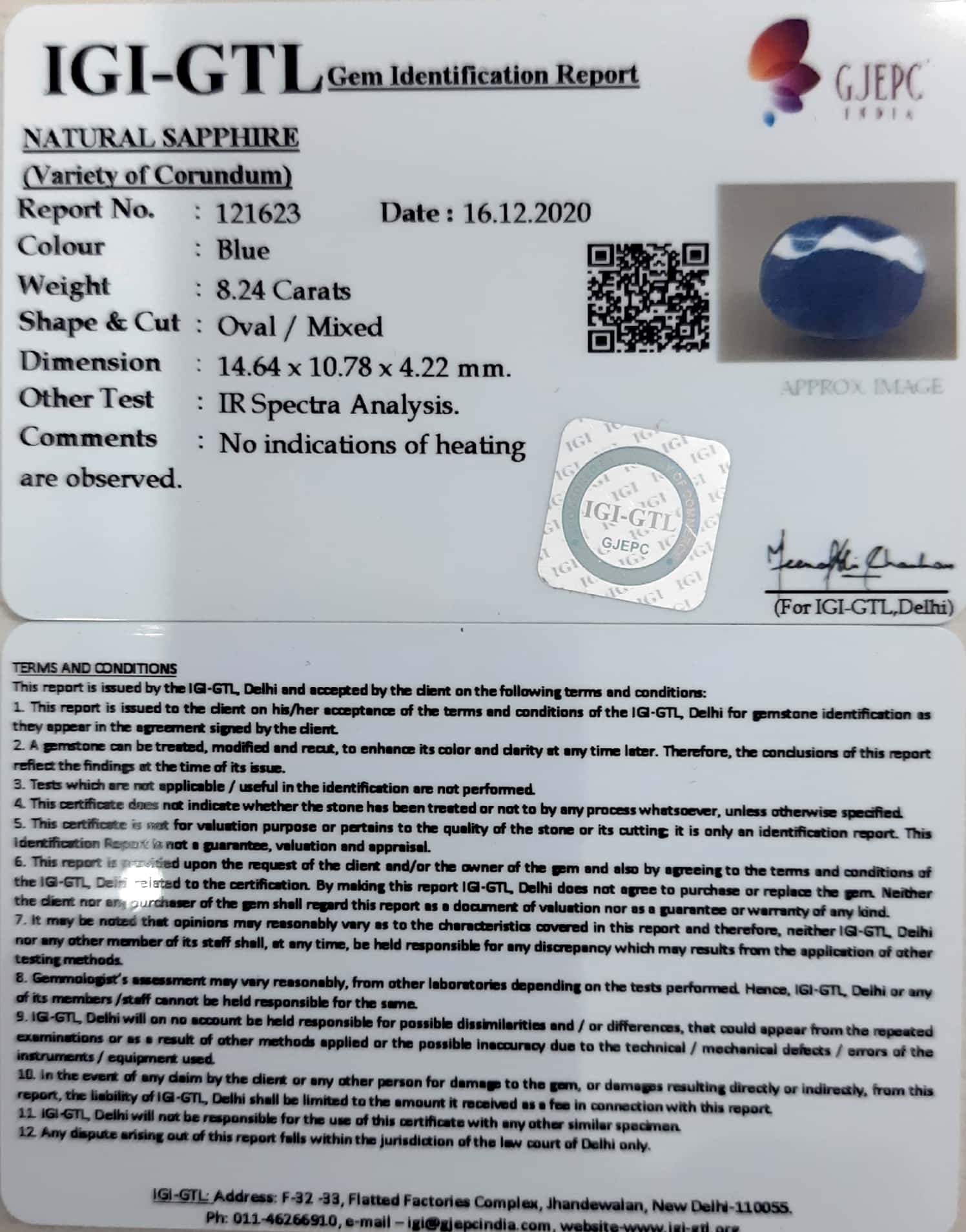 8.24/CT Natural Blue Sapphire with Govt Lab Certificate