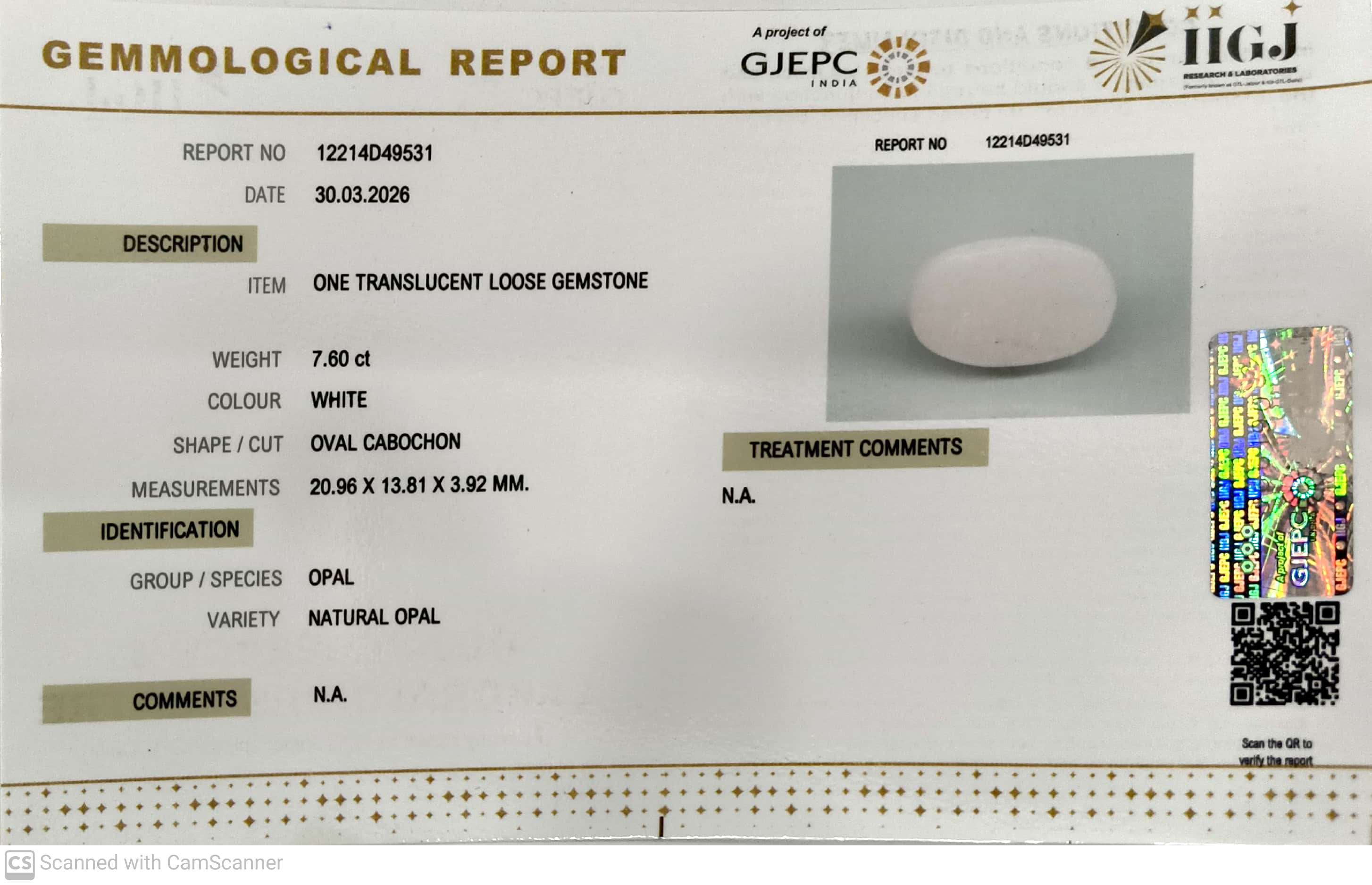 7.6/CT Natural Opal with Govt. Lab Certificate-12214D49531