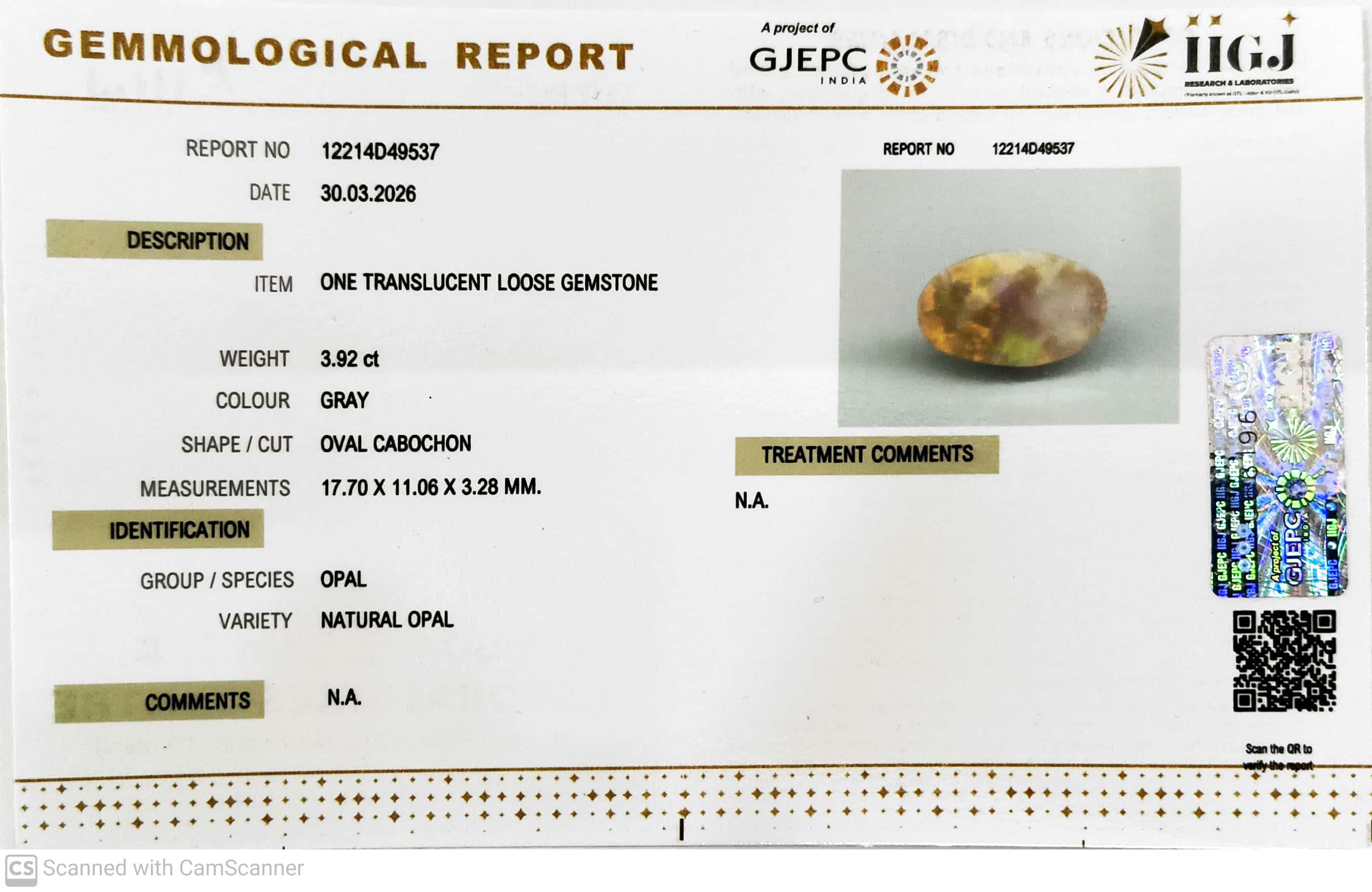 3.92/CT Natural Opal with Govt. Lab Certificate-12214D49537
