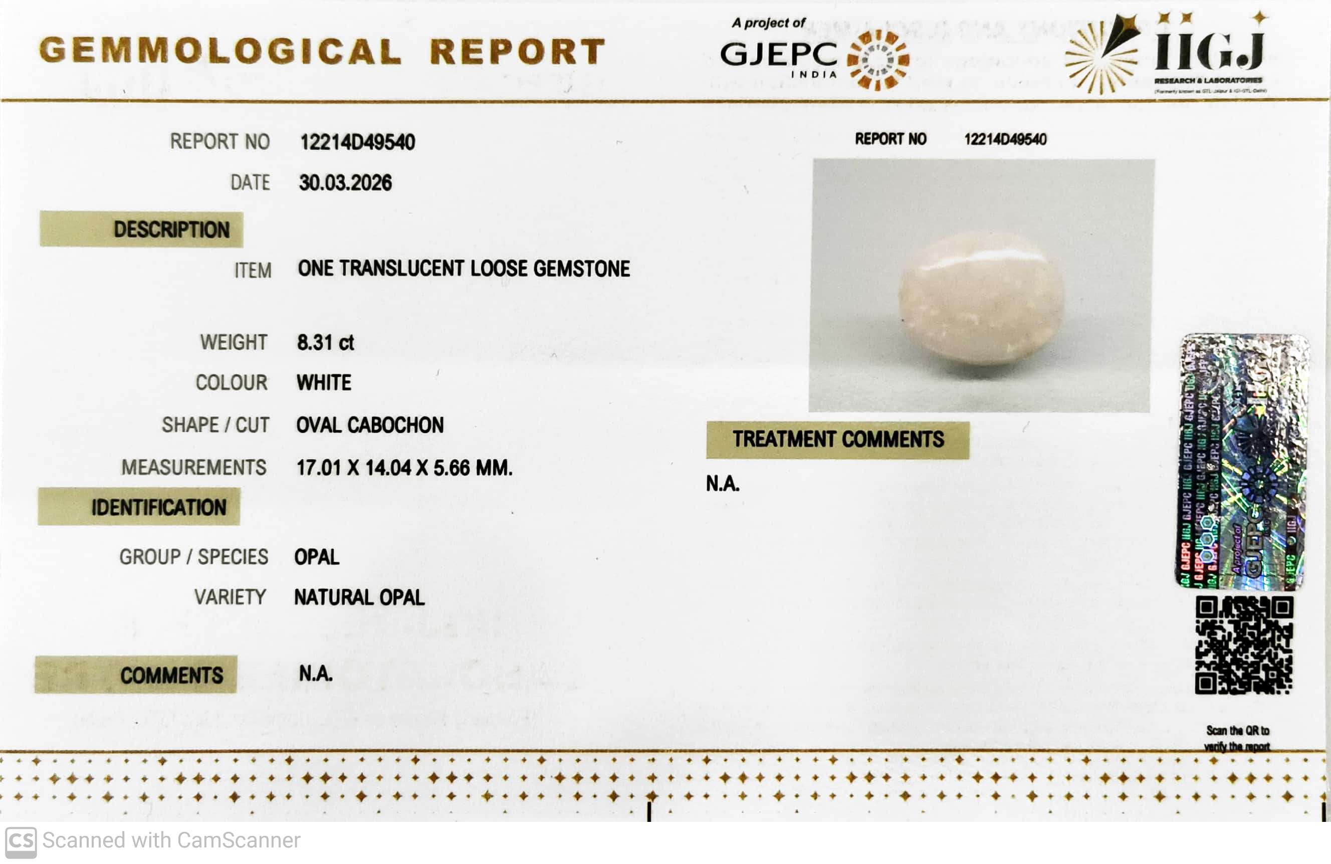 8.31/CT Natural Opal with Govt. Lab Certificate-12214D49540