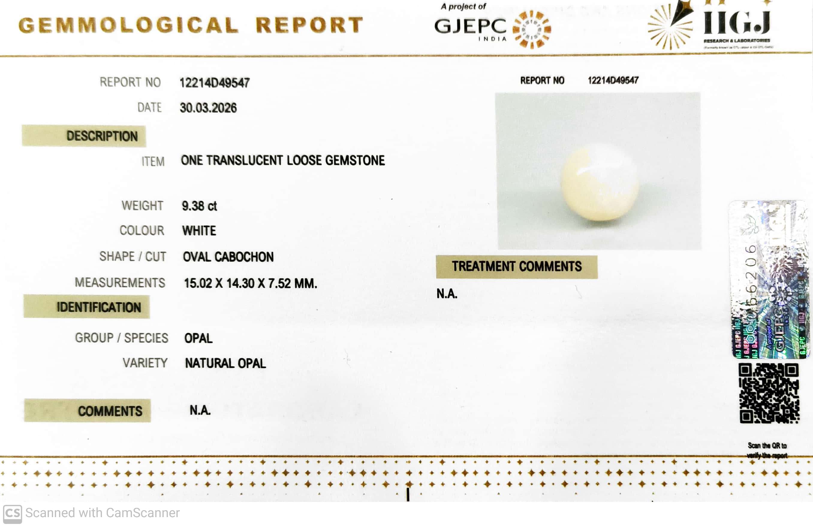 9.38/CT Natural Opal with Govt. Lab Certificate-12214D49547