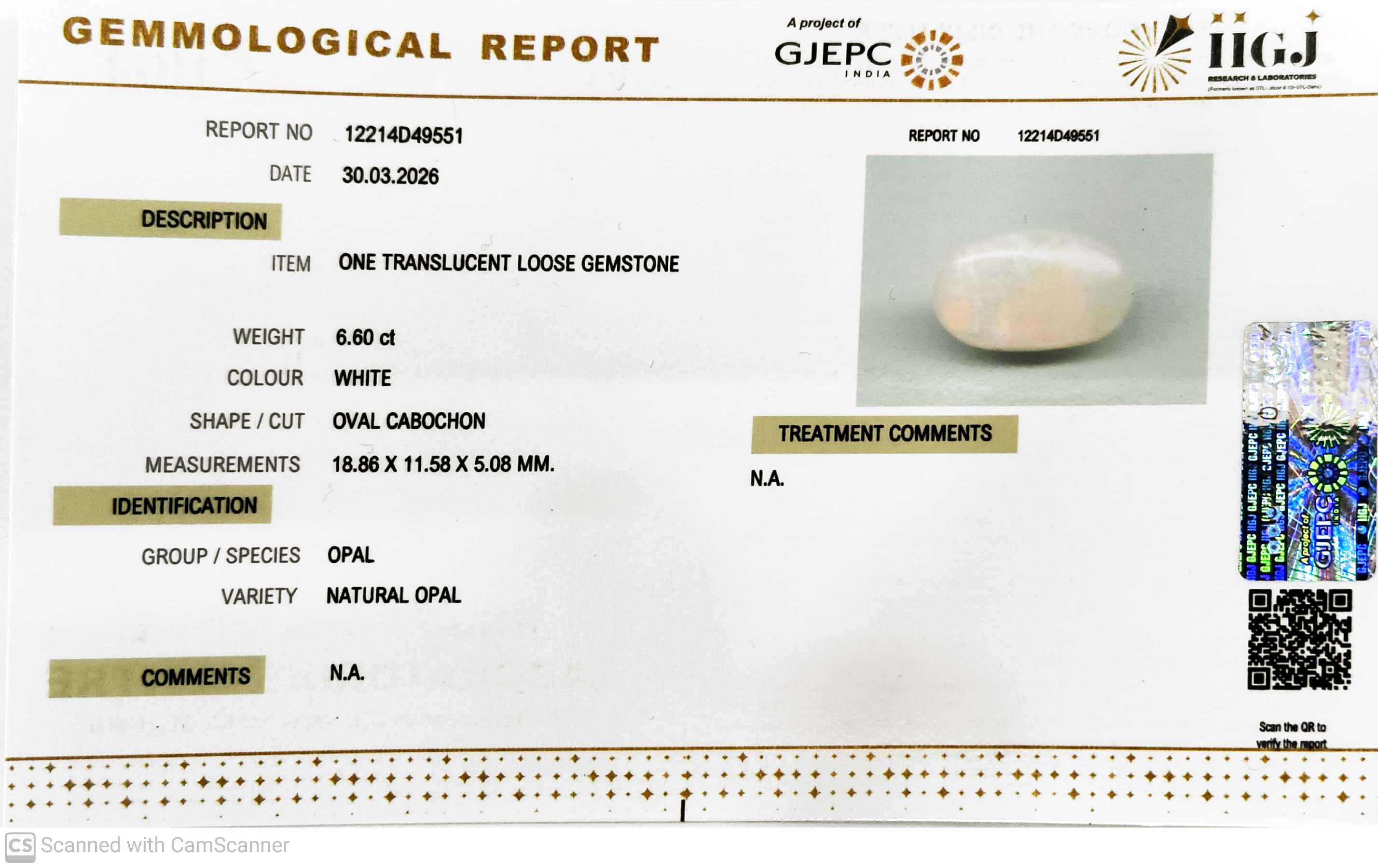 6.6/CT Natural Opal with Govt. Lab Certificate-12214D49551