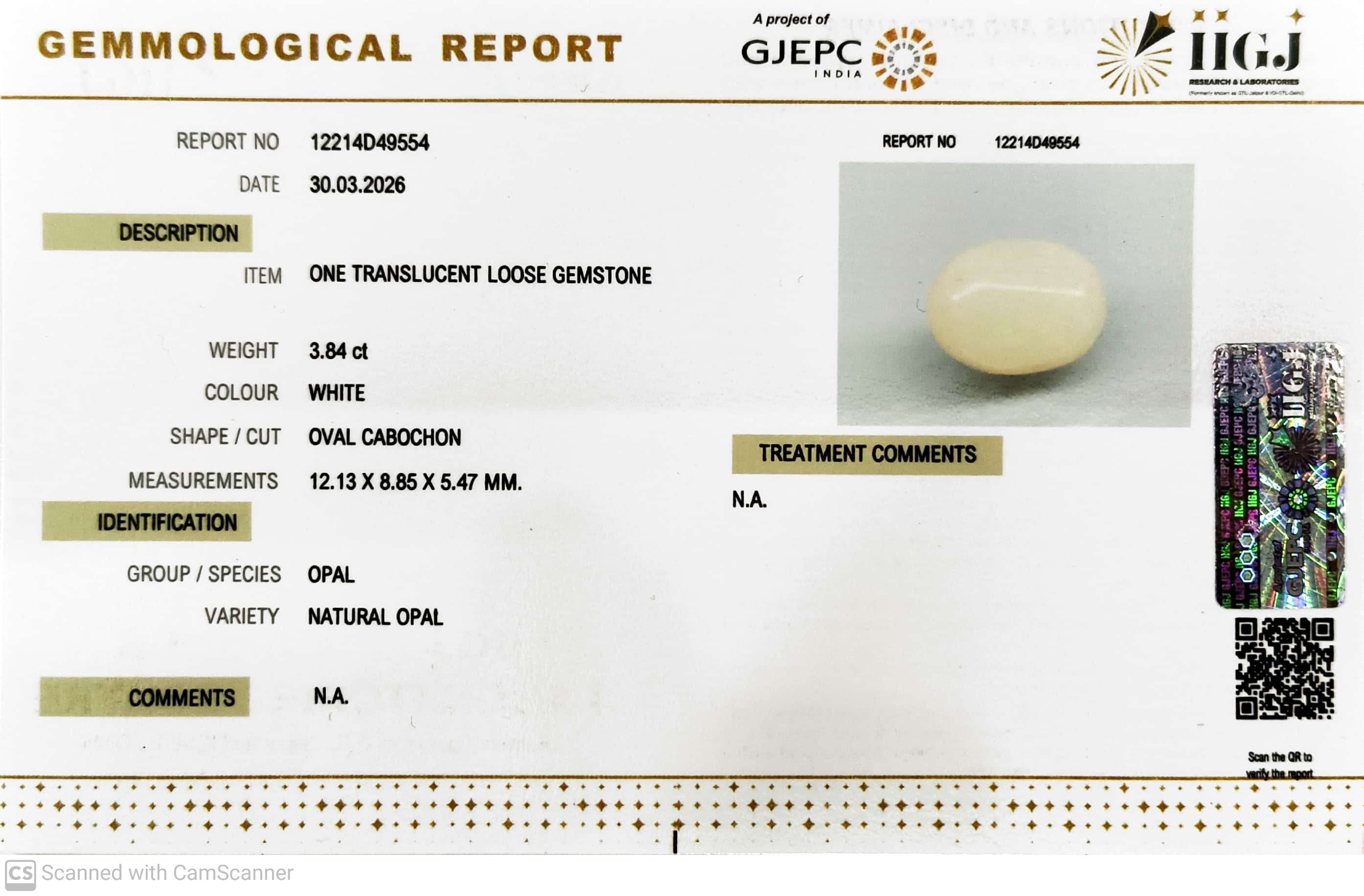 3.84/CT Natural Opal with Govt. Lab Certificate-12214D49554