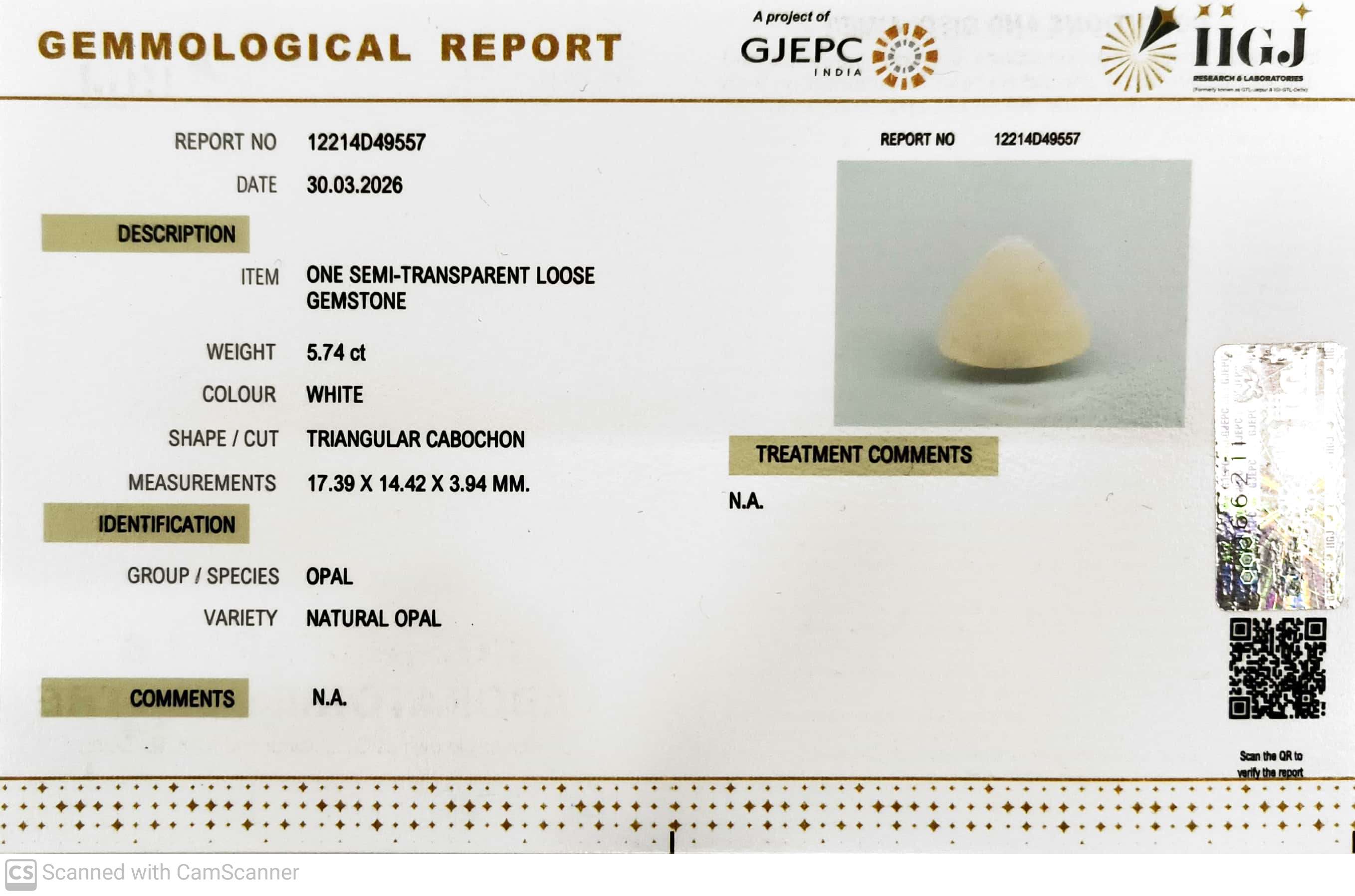 5.74/CT Natural Opal with Govt. Lab Certificate-12214D49557