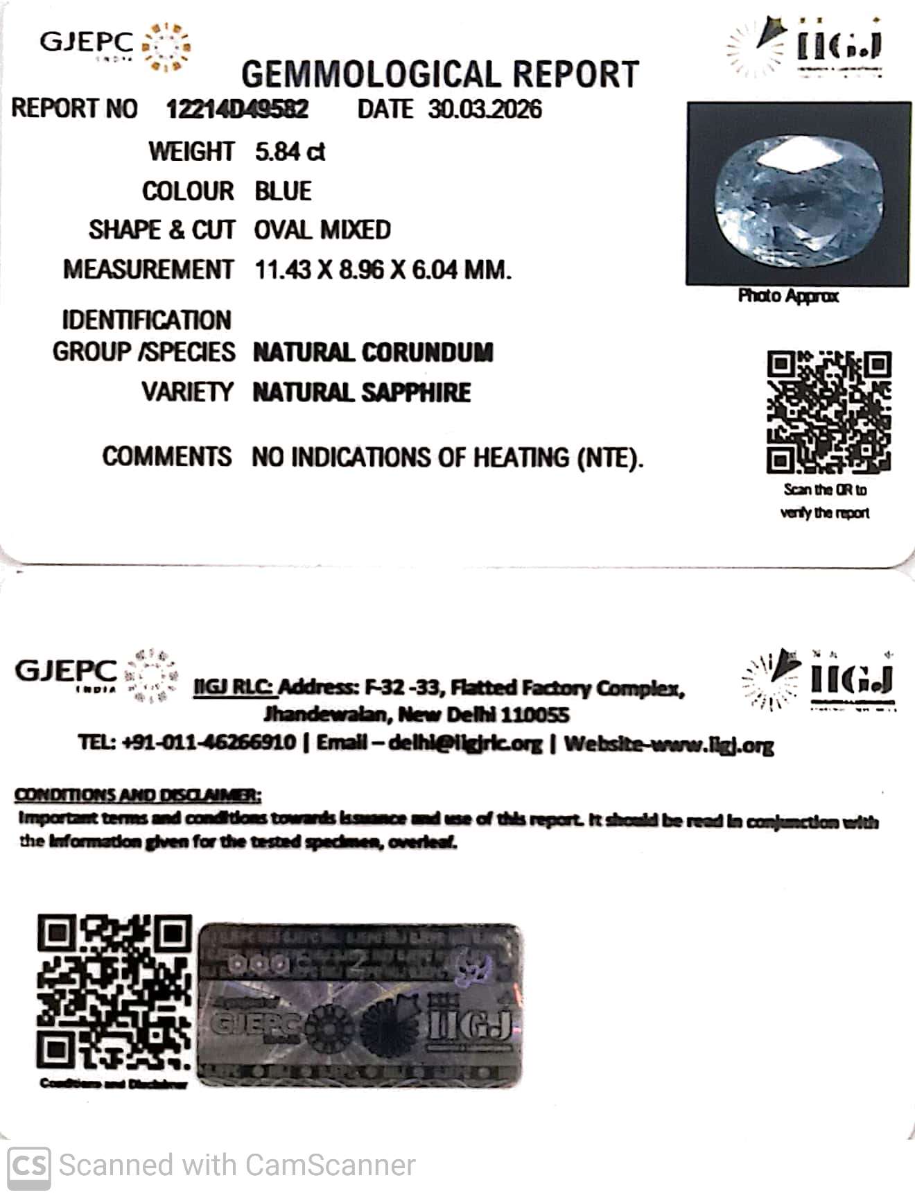 5.84/CT Natural Blue Sapphire with Govt Lab Certificate-12214D49582