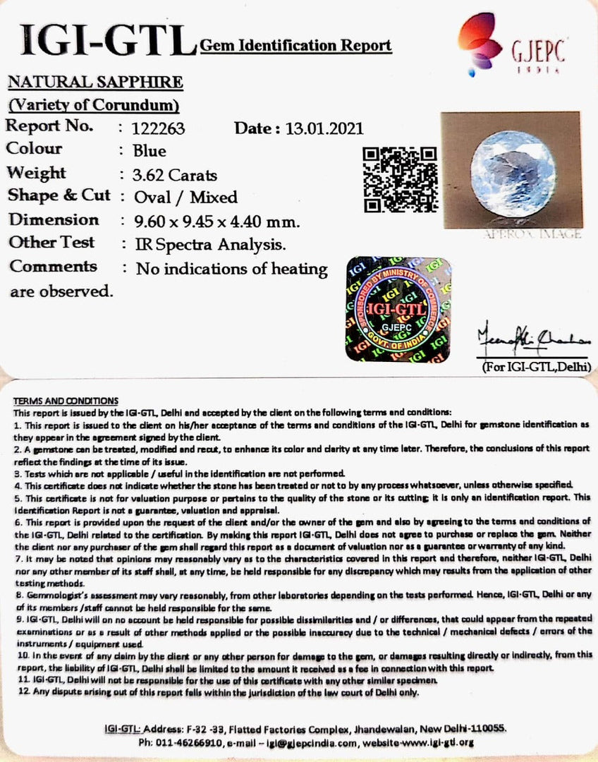 3.62/CT Natural Ceylonese Neelam with Govt Lab Certificate-BLUSA9S