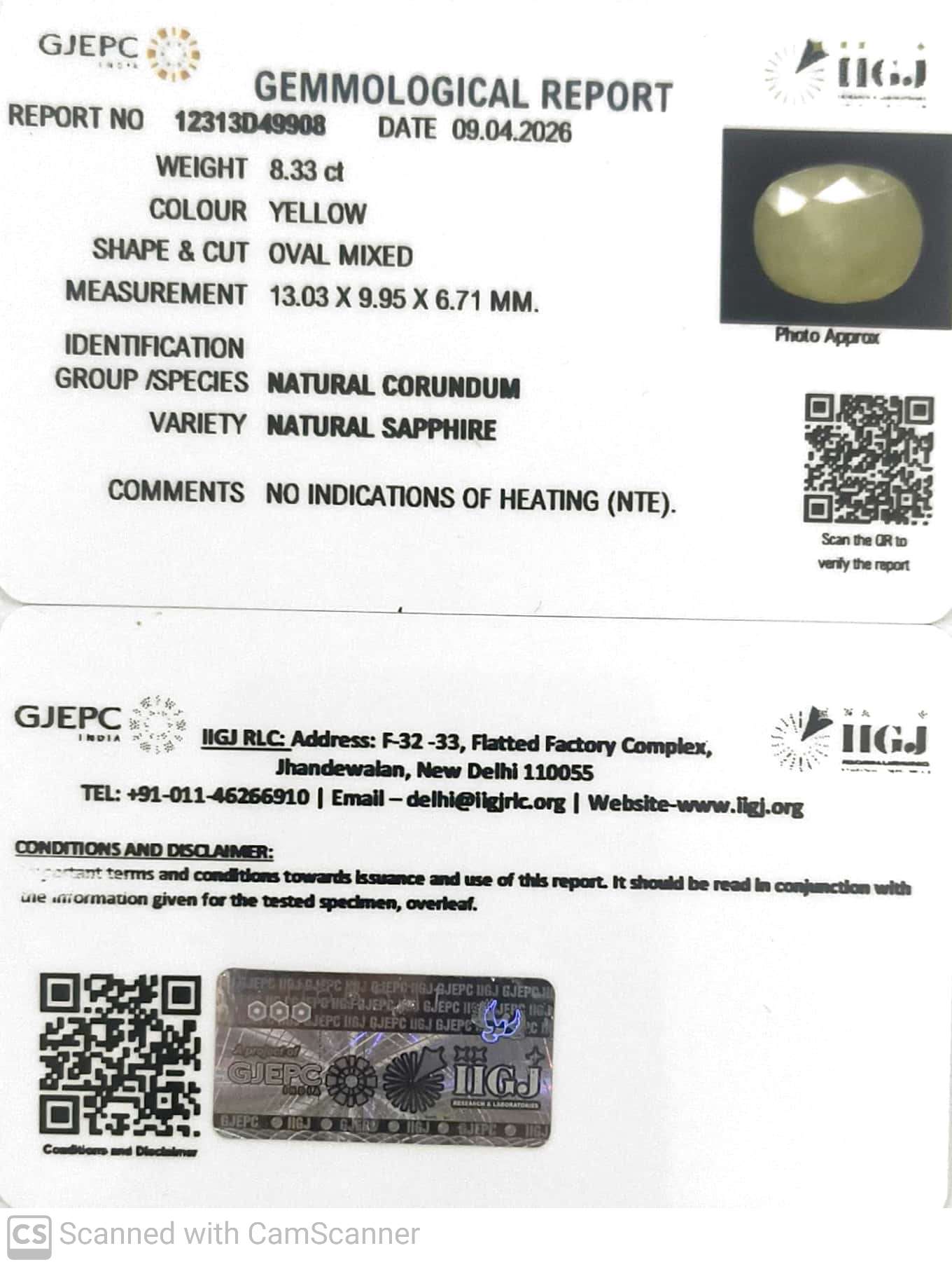 8.33/CT Natural Yellow Sapphire With Govt Lab Certificate-12313D49908
