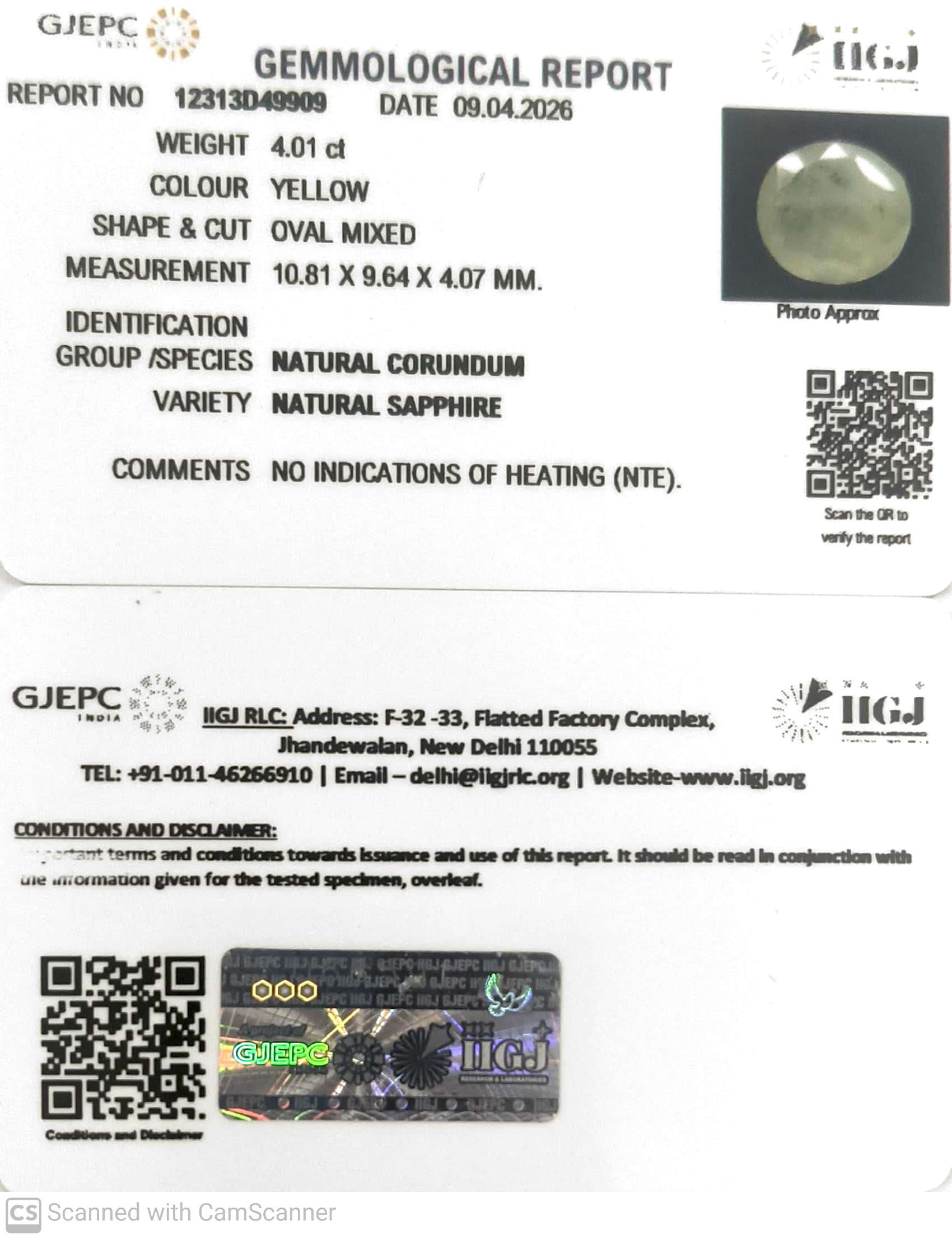 4.01/CT Natural Yellow Sapphire With Govt Lab Certificate-12313D49909