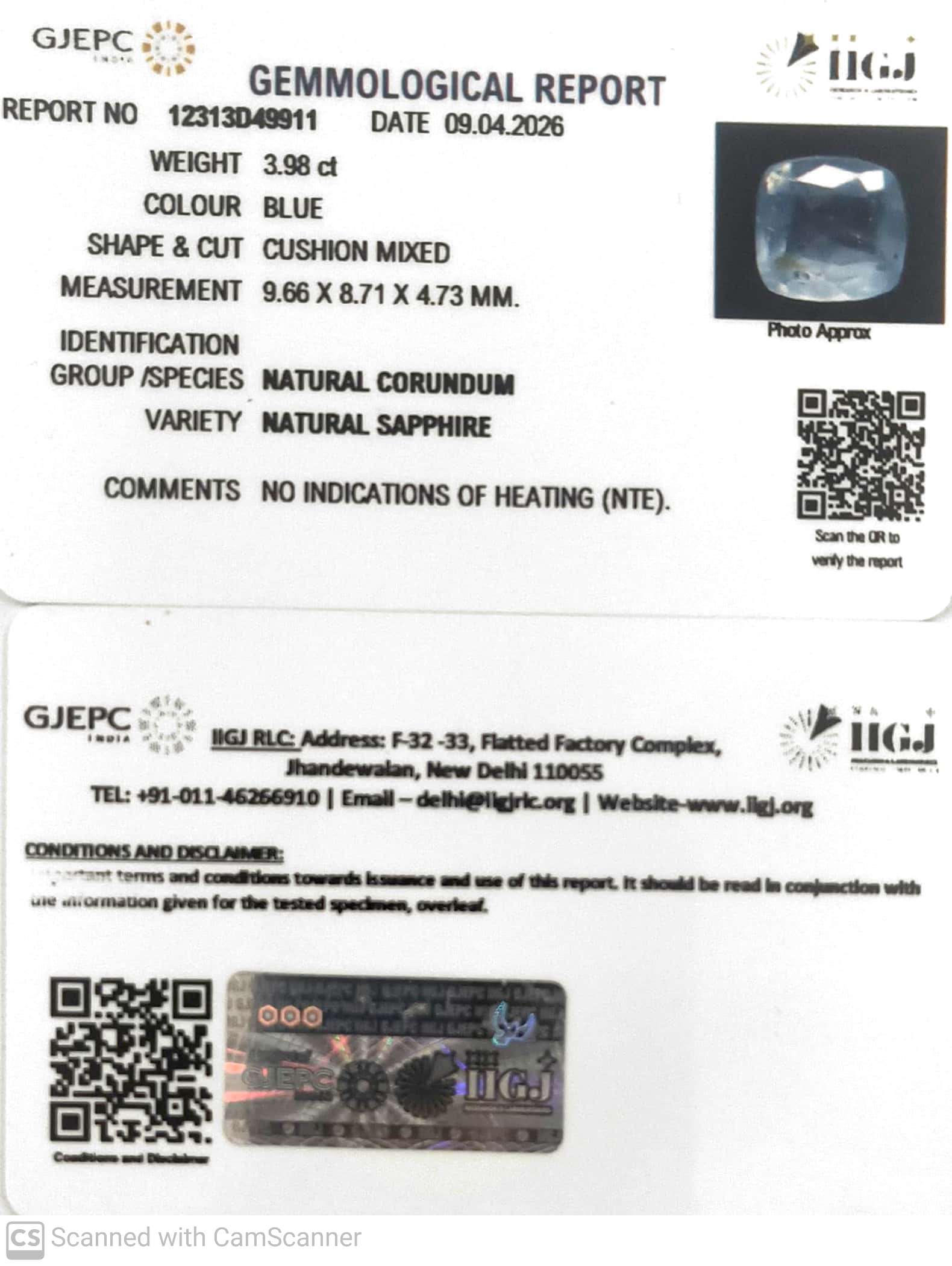3.98/CT Natural Blue Sapphire with Govt Lab Certificate-12313D49911