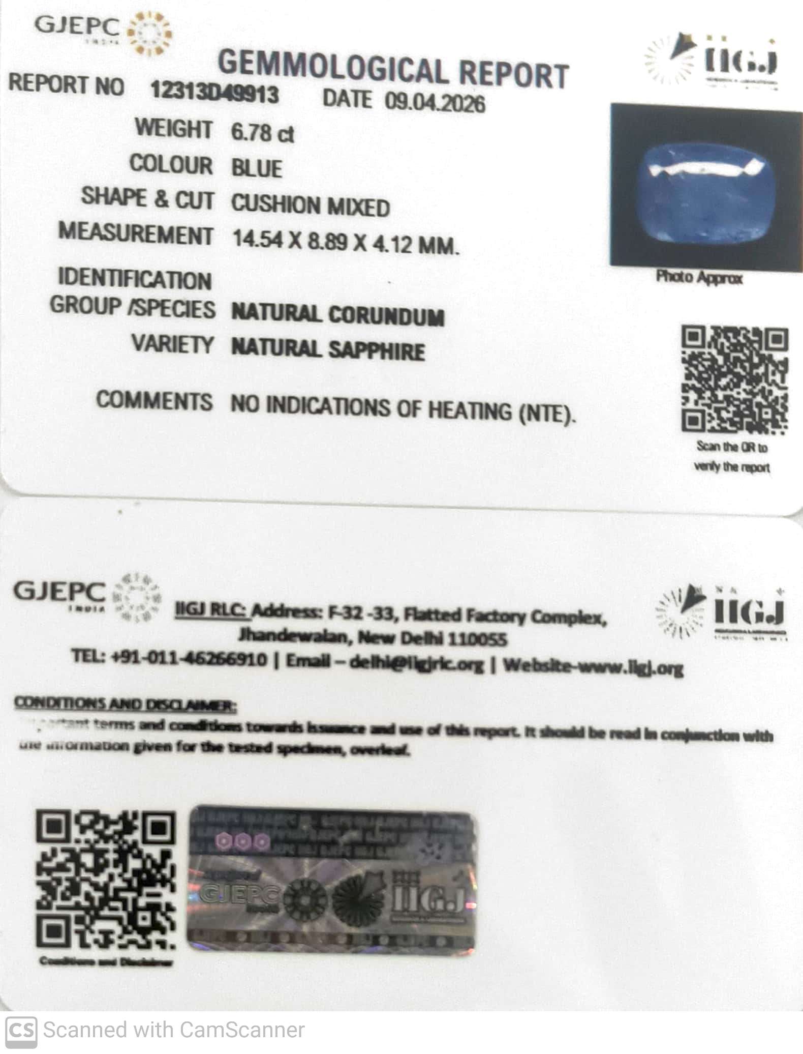 6.78/CT Natural Blue Sapphire with Govt Lab Certificate-12313D49913
