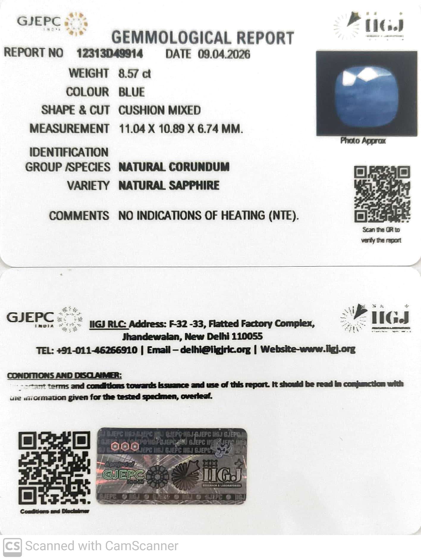 8.57/CT Natural Blue Sapphire with Govt Lab Certificate-12313D49914