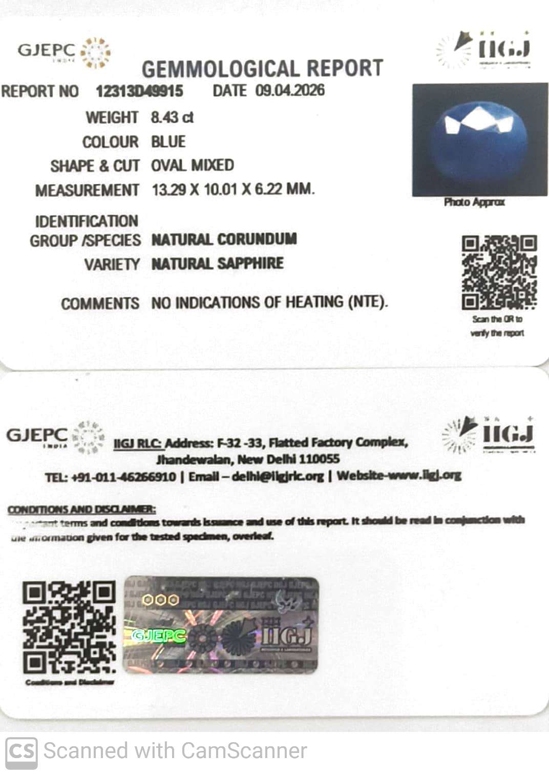 8.43/CT Natural Blue Sapphire with Govt Lab Certificate-12313D49915