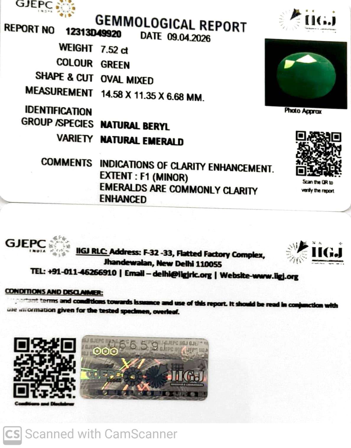 7.52/CT Natural Panna Stone with Govt. Lab Certificate-12313D49920