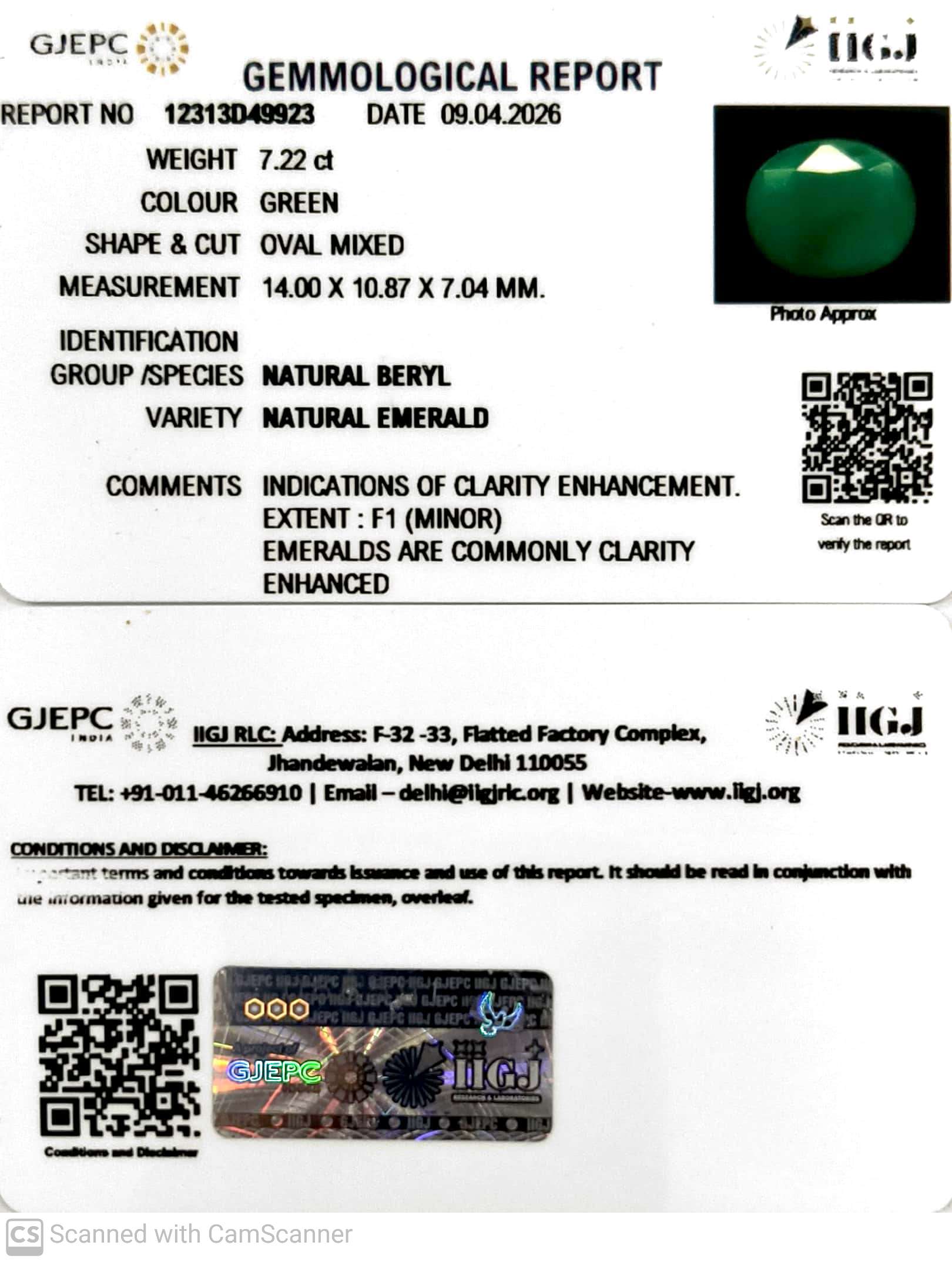 7.22/CT Natural Panna Stone with Govt. Lab Certificate-12313D49923
