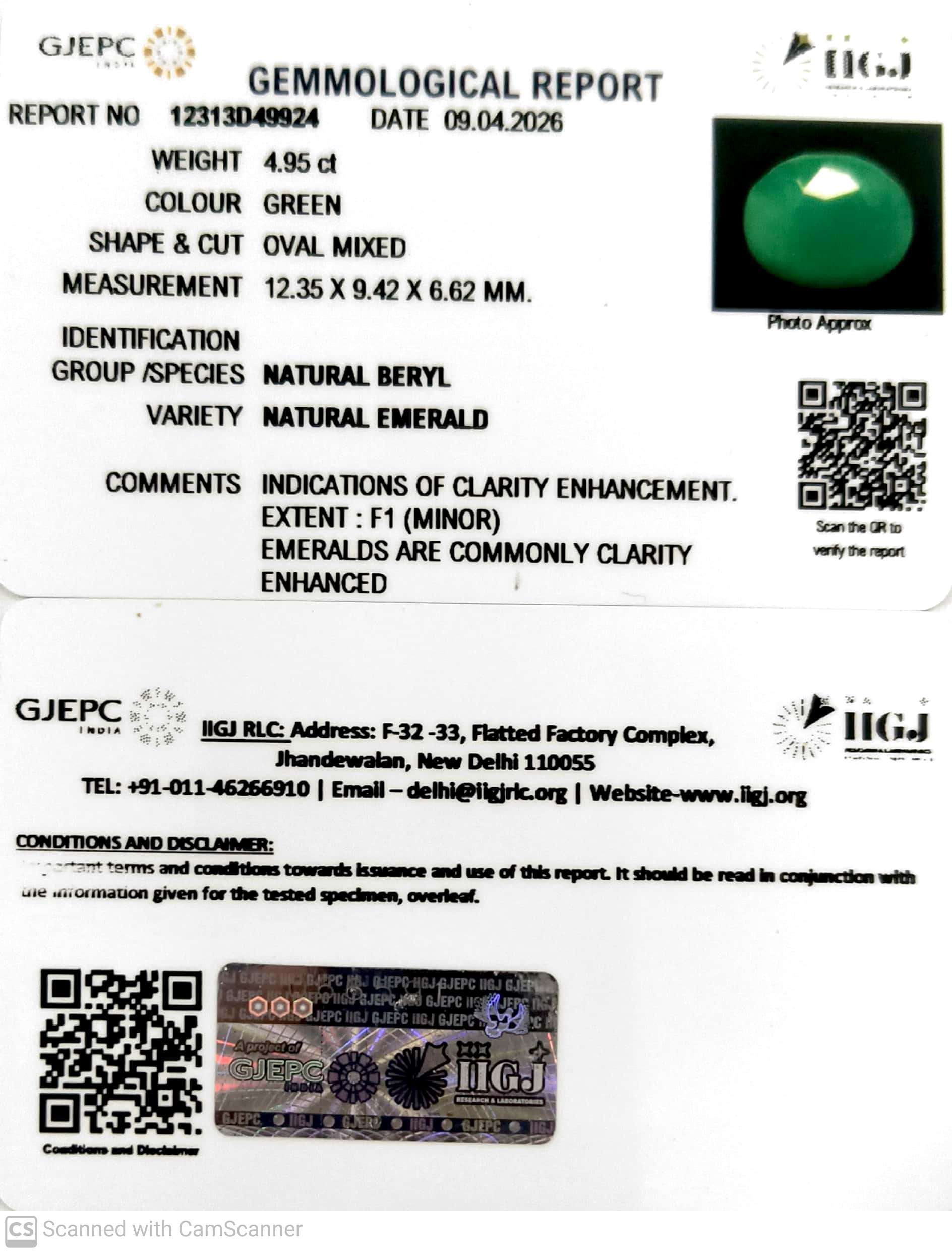 4.95/CT Natural Panna Stone with Govt. Lab Certificate-12313D49924
