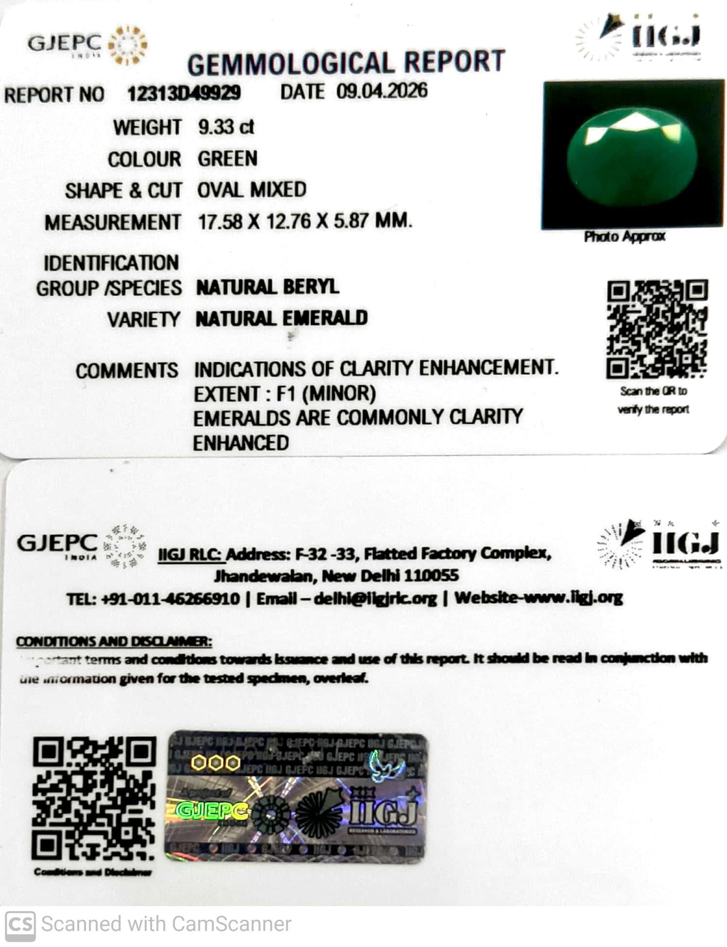 9.33/CT Natural Panna Stone with Govt. Lab Certificate-12313D49929