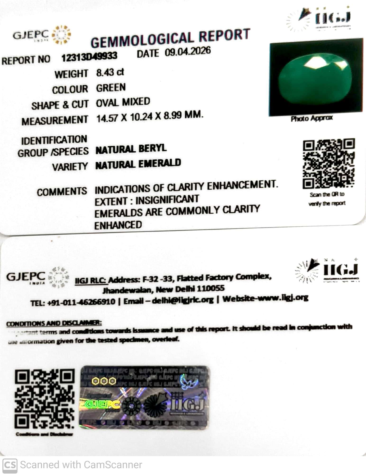 8.43/CT Natural Panna Stone with Govt. Lab Certificate-12313D49933