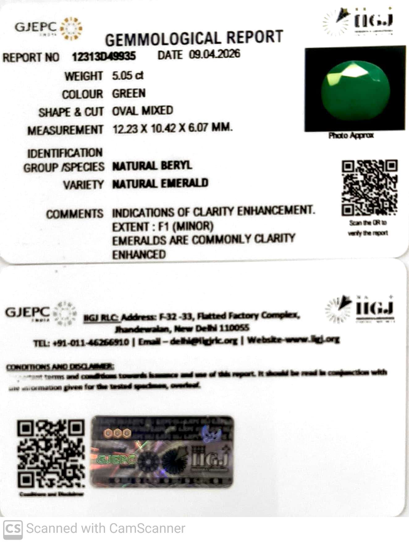5.05/CT Natural Panna Stone with Govt. Lab Certificate-12313D49935